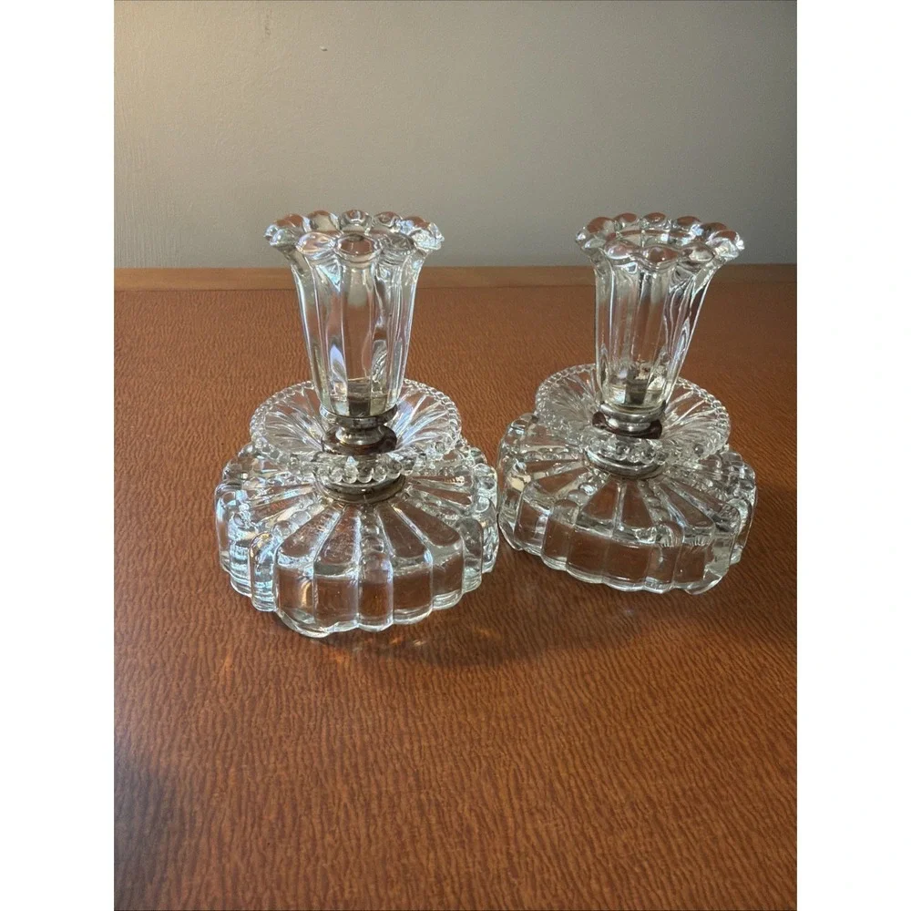 Vtg 1950's Art Deco Cut Glass Pair Of Candlestick Holders 4